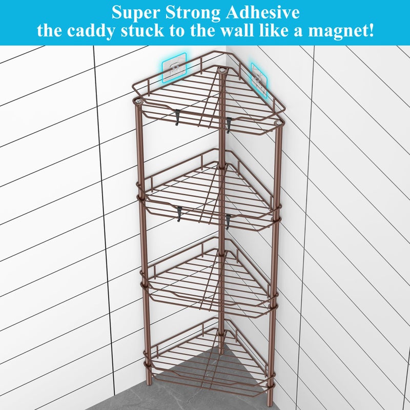 HuggieGems 4 Tier Floor Standing Corner Shower Caddy Organizer Shelf with Hooks, Bathroom Shelves Stand Rack, Coffee - Image 2